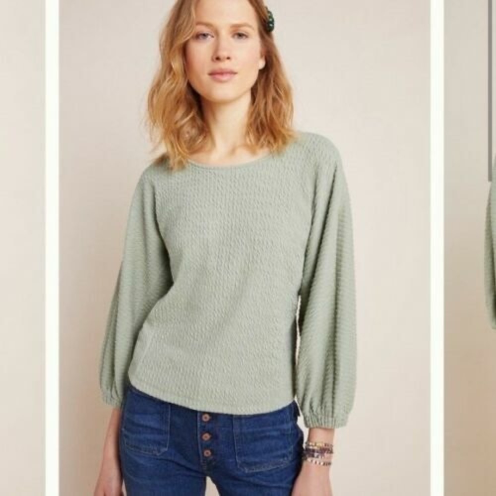 Anthropologie | Arya Textured Top XS Sage‎ Green Smocked Puff Sleeve Blouse